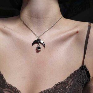 Gothic vintage black moon silver witch necklace with a small silver chain